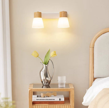 Modern Minimalist Cylinder Wood Glass Shade 1/2 Light Wall Sconce Lamp For Bedroom