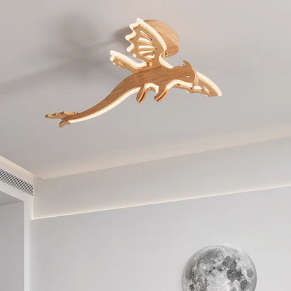 Contemporary Creative Kids Dinosaur Solid Wood Acrylic LED Semi-Flush Mount Ceiling Light For Bedroom