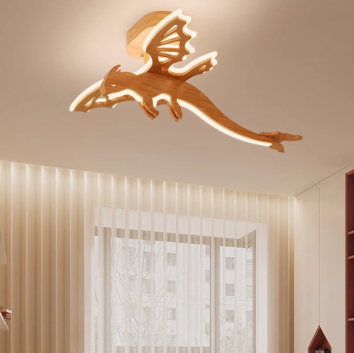 Contemporary Creative Kids Dinosaur Solid Wood Acrylic LED Semi-Flush Mount Ceiling Light For Bedroom