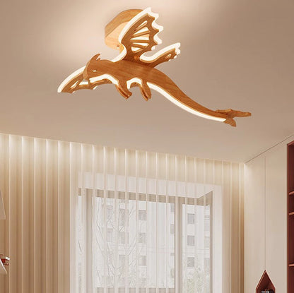 Contemporary Creative Kids Dinosaur Solid Wood Acrylic LED Semi-Flush Mount Ceiling Light For Bedroom