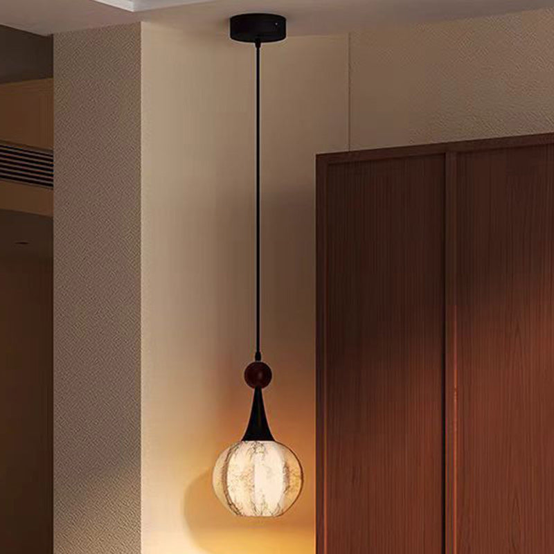 Traditional French Globe Original Wood Floral Fabric Shade 1-Light Pendant Light For Living Room