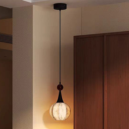 Traditional French Globe Original Wood Floral Fabric Shade 1-Light Pendant Light For Living Room