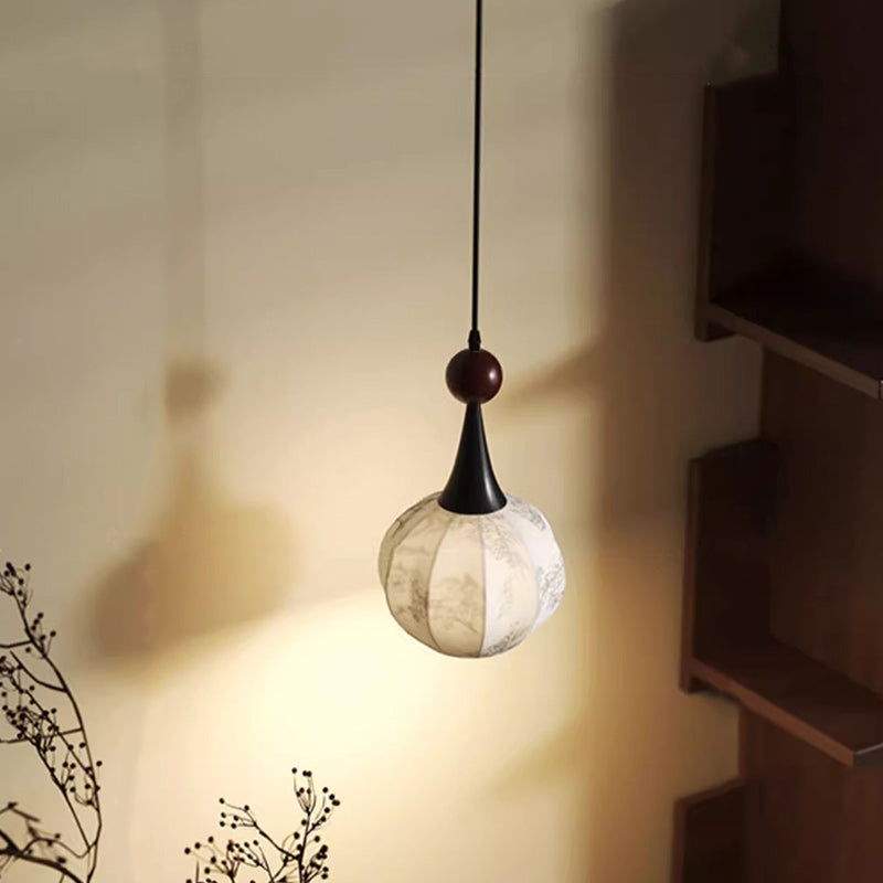 Traditional French Globe Original Wood Floral Fabric Shade 1-Light Pendant Light For Living Room