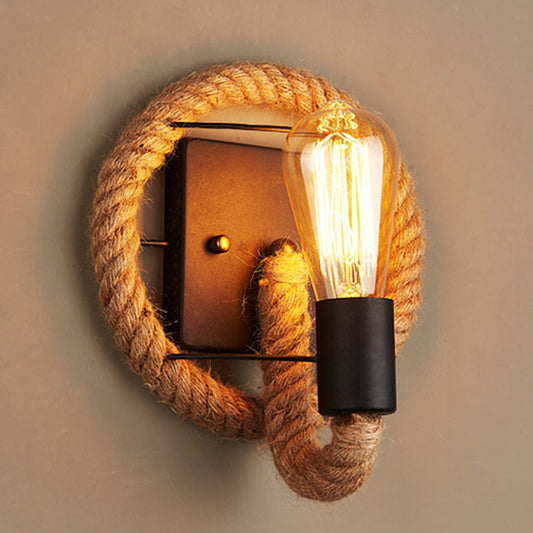 Traditional Vintage Round Oval Hardware Hemp Rope 1-Light Wall Sconce Lamp For Living Room