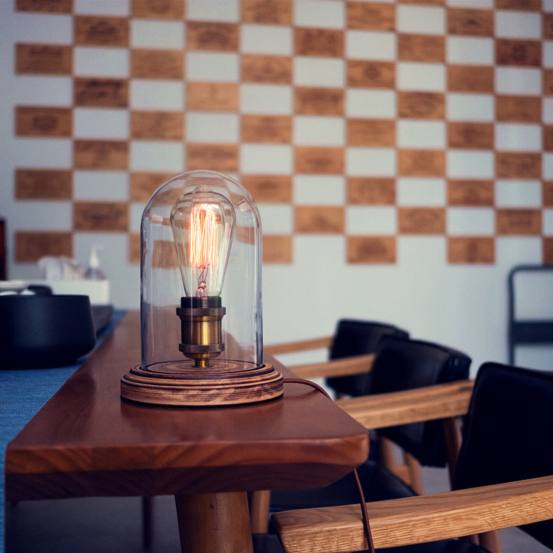 Traditional Vintage Round Cylinder Solid Wood Base Glass Shade 1-Light Table Lamp For Bedroom
