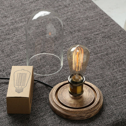 Traditional Vintage Round Cylinder Solid Wood Base Glass Shade 1-Light Table Lamp For Bedroom