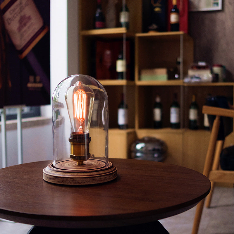 Traditional Vintage Round Cylinder Solid Wood Base Glass Shade 1-Light Table Lamp For Bedroom