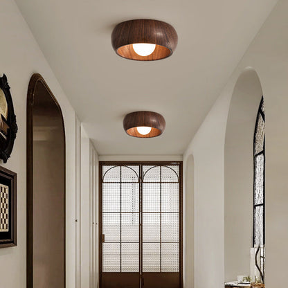 Modern Minimalist Round Wood Grain Globe Iron LED Flush Mount Ceiling Light For Living Room