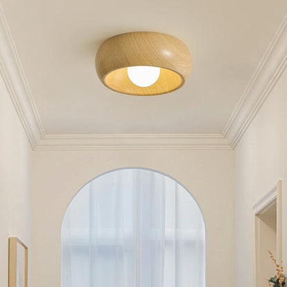 Modern Minimalist Round Wood Grain Globe Iron LED Flush Mount Ceiling Light For Living Room