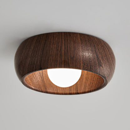 Modern Minimalist Round Wood Grain Globe Iron LED Flush Mount Ceiling Light For Living Room