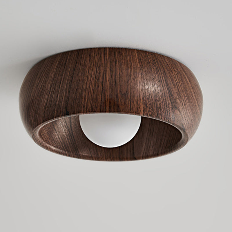 Modern Minimalist Round Wood Grain Globe Iron LED Flush Mount Ceiling Light For Living Room