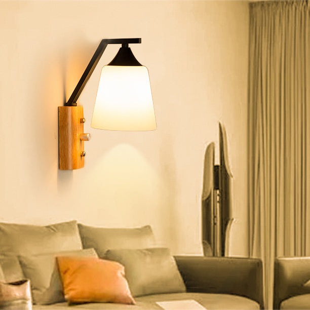Contemporary Nordic Cylindrical Round Wood Iron Frame Glass 1-Light For Living Room