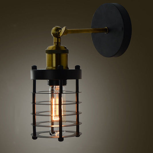 Contemporary Industrial Cylinder Hollowed Out Iron 1-Light Wall Sconce Lamp For Living Room