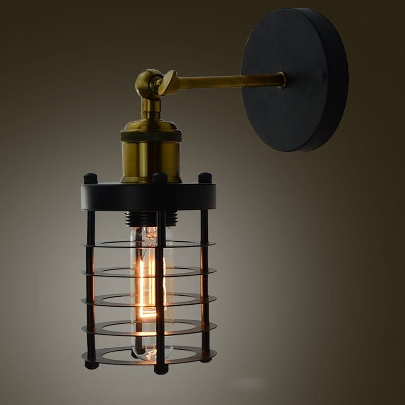 Contemporary Industrial Cylinder Hollowed Out Iron 1-Light Wall Sconce Lamp For Living Room