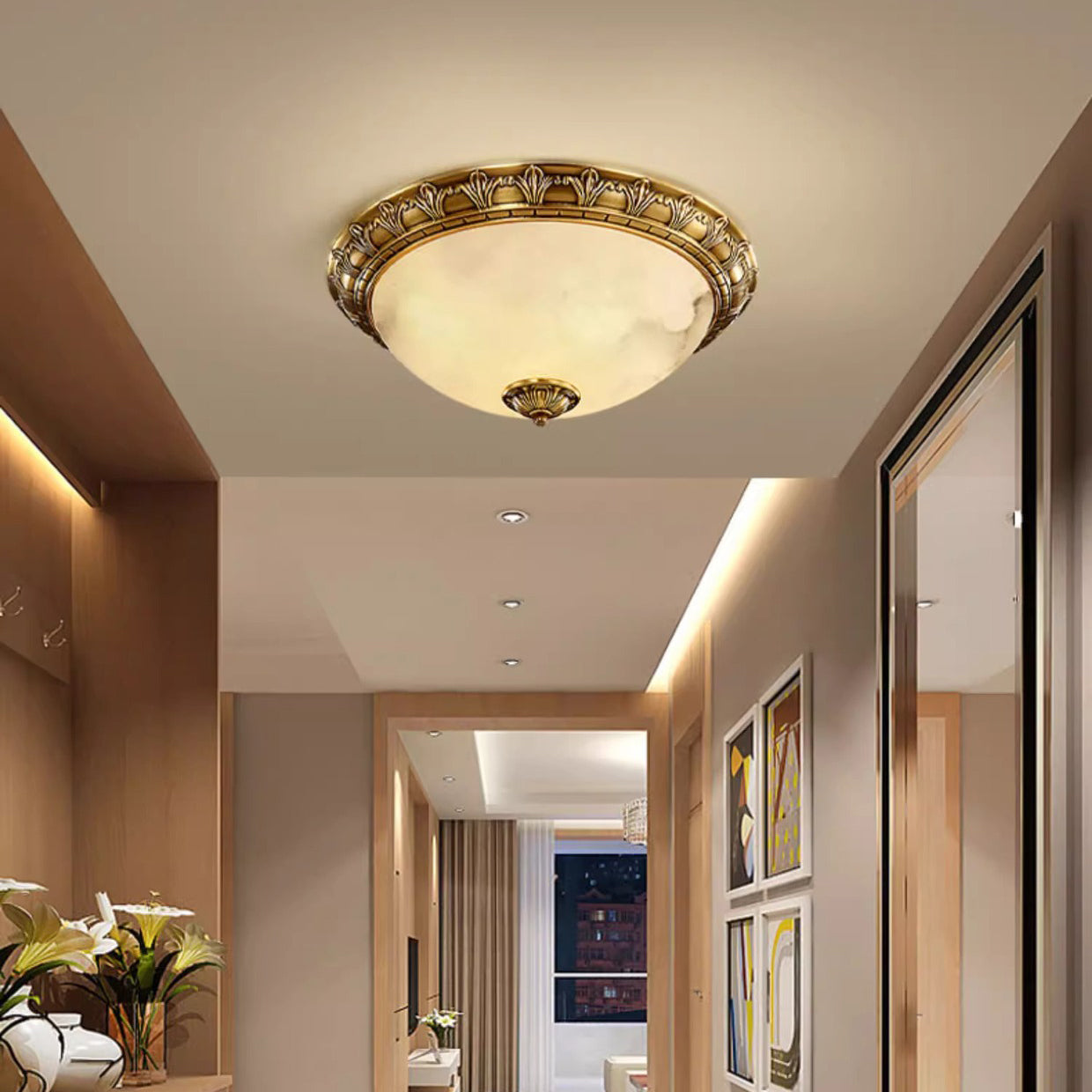 Traditional European Round Dome Brass Frame Glass Shade 2/3/4 Flush Mount Ceiling Light For Living Room