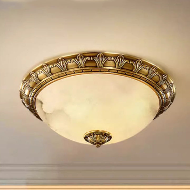Traditional European Round Dome Brass Frame Glass Shade 2/3/4 Flush Mount Ceiling Light For Living Room