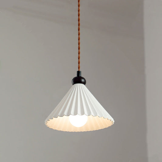 Traditional Vintage Cone Pleated Ceramic Shade Wood 1-Light Pendant Light For Living Room