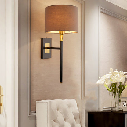 Contemporary Nordic Round Cylinder Iron Fabric Shade 1-Light Wall Sconce Lamp For Living Room