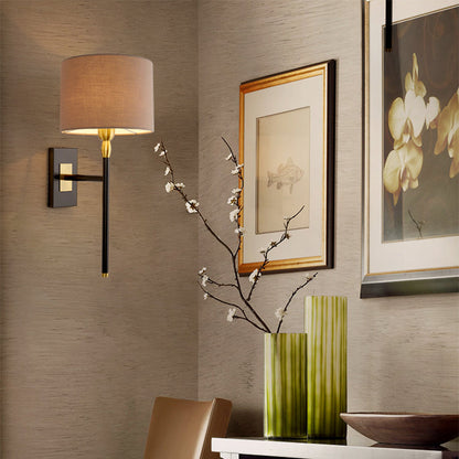 Contemporary Nordic Round Cylinder Iron Fabric Shade 1-Light Wall Sconce Lamp For Living Room