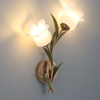 Traditional Rustic Floral Leaf Iron Glass 1/2 Light Wall Sconce Lamp For Living Room