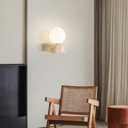 Traditional Japanese Round Globe Yellow Travertine Glass 1-Light Wall Sconce Lamp For Living Room