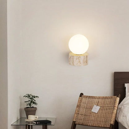 Traditional Japanese Round Globe Yellow Travertine Glass 1-Light Wall Sconce Lamp For Living Room