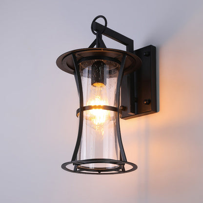 Traditional Chinese Waterproof Cylinder Rectangle Hardware Frame Glass Shade 1-Light Wall Sconce Lamp For Outdoor Patio