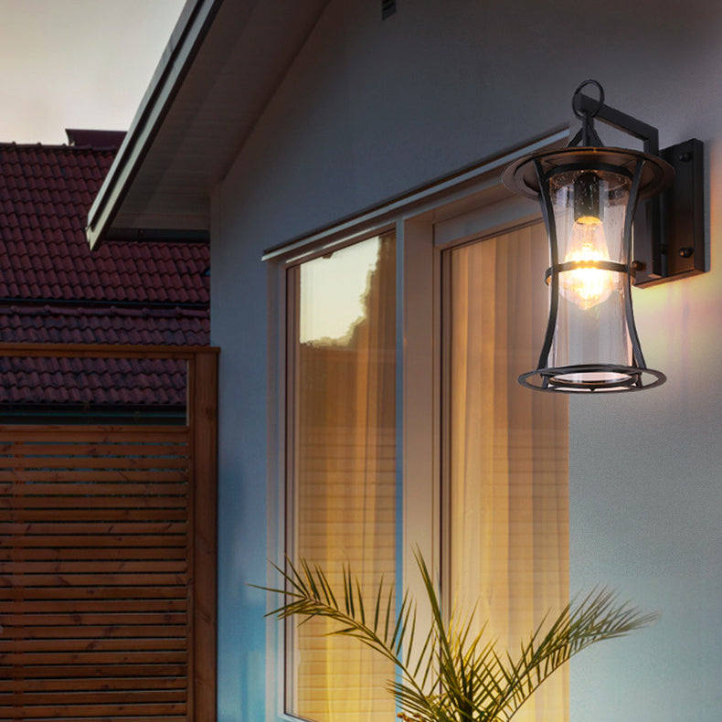 Traditional Chinese Waterproof Cylinder Rectangle Hardware Frame Glass Shade 1-Light Wall Sconce Lamp For Outdoor Patio