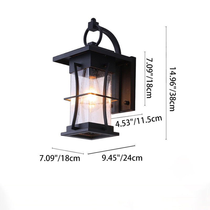 Traditional Chinese Waterproof Cylinder Rectangle Hardware Frame Glass Shade 1-Light Wall Sconce Lamp For Outdoor Patio