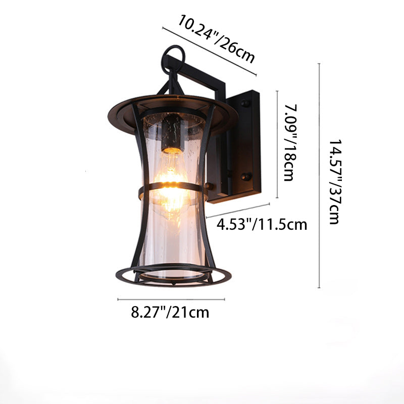 Traditional Chinese Waterproof Cylinder Rectangle Hardware Frame Glass Shade 1-Light Wall Sconce Lamp For Outdoor Patio