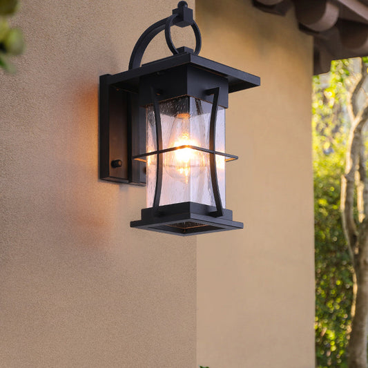 Traditional Chinese Waterproof Cylinder Rectangle Hardware Frame Glass Shade 1-Light Wall Sconce Lamp For Outdoor Patio