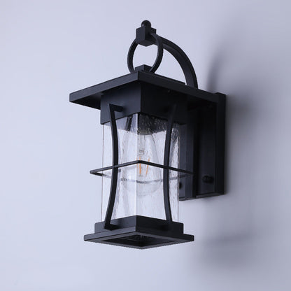 Traditional Chinese Waterproof Cylinder Rectangle Hardware Frame Glass Shade 1-Light Wall Sconce Lamp For Outdoor Patio