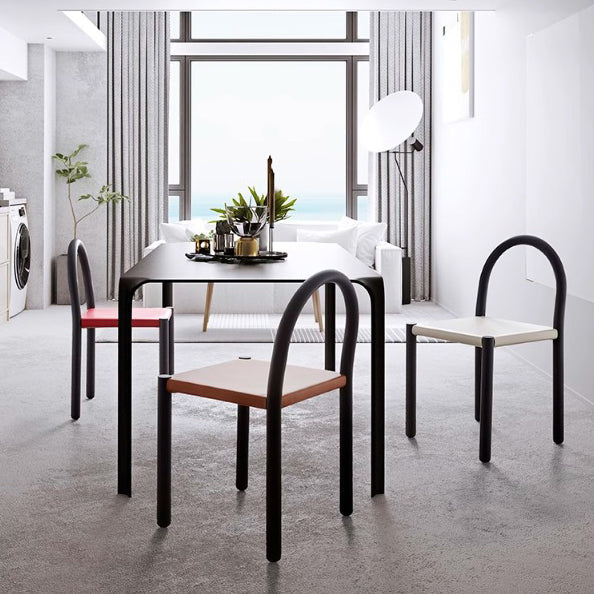 Contemporary Nordic Square Genuine Leather Carbon Steel Dining Chair Half Round Backrest For Dining Room
