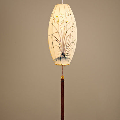 Traditional Chinese Long Oval Lantern Fabric Cover Hardware Frame 1-Light Pendant Light For Dining Room