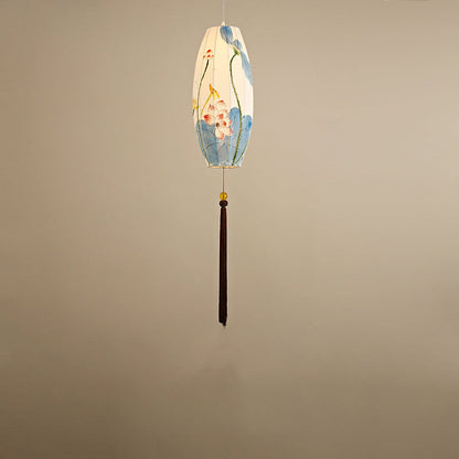 Traditional Chinese Long Oval Lantern Fabric Cover Hardware Frame 1-Light Pendant Light For Dining Room