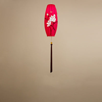Traditional Chinese Long Oval Lantern Fabric Cover Hardware Frame 1-Light Pendant Light For Dining Room