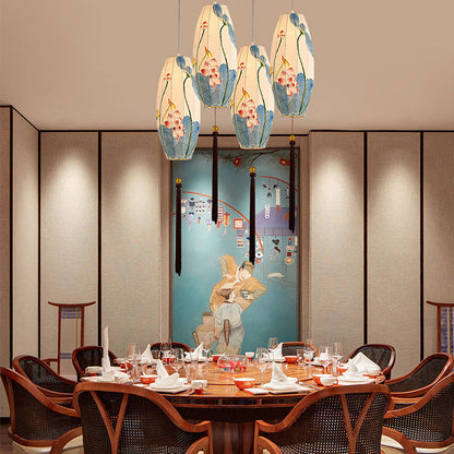 Traditional Chinese Long Oval Lantern Fabric Cover Hardware Frame 1-Light Pendant Light For Dining Room