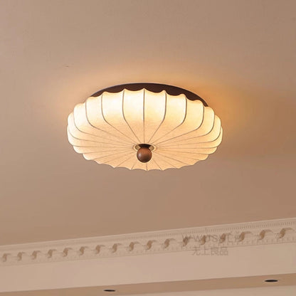 Traditional Vintage Round Patterned Fabric Alloy Ash Wood LED Flush Mount Ceiling Light For Living Room