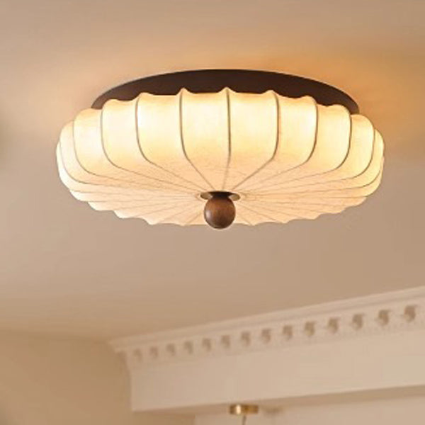 Traditional Vintage Round Patterned Fabric Alloy Ash Wood LED Flush Mount Ceiling Light For Living Room