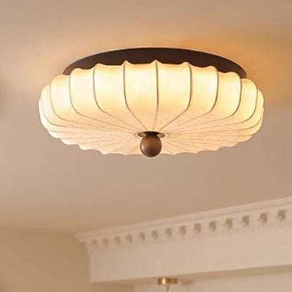 Traditional Vintage Round Patterned Fabric Alloy Ash Wood LED Flush Mount Ceiling Light For Living Room