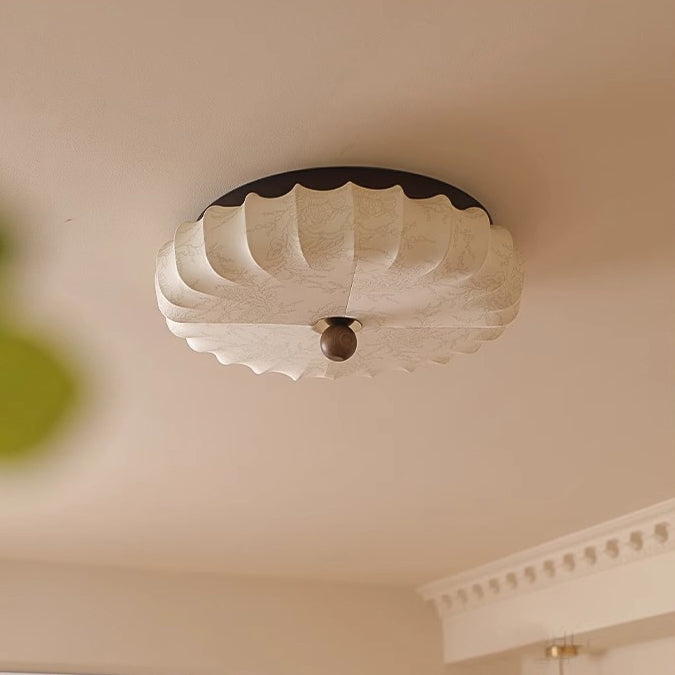 Traditional Vintage Round Patterned Fabric Alloy Ash Wood LED Flush Mount Ceiling Light For Living Room