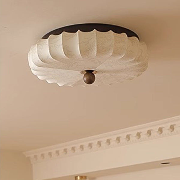 Traditional Vintage Round Patterned Fabric Alloy Ash Wood LED Flush Mount Ceiling Light For Living Room