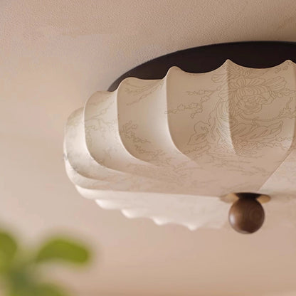 Traditional Vintage Round Patterned Fabric Alloy Ash Wood LED Flush Mount Ceiling Light For Living Room