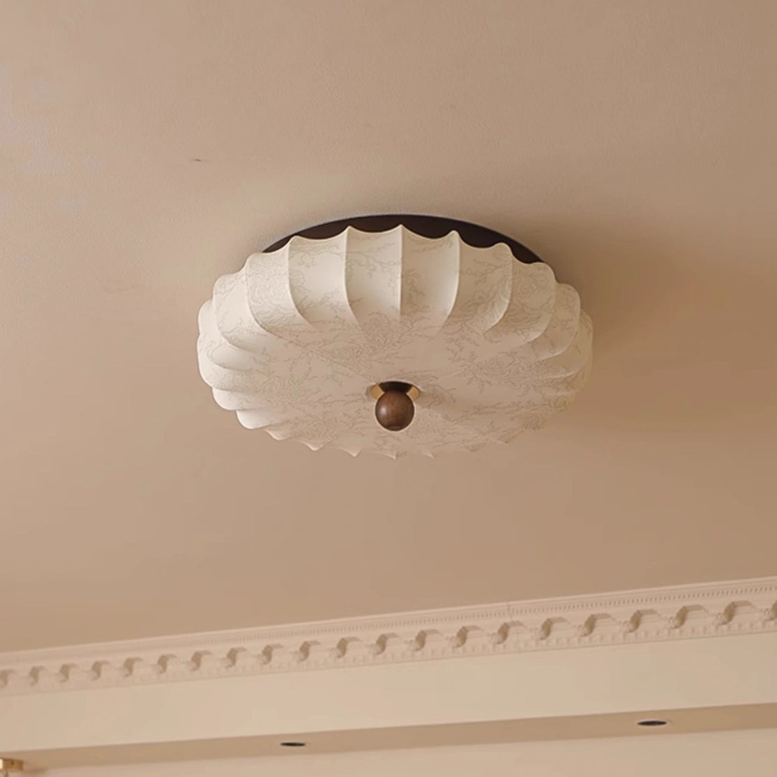 Traditional Vintage Round Patterned Fabric Alloy Ash Wood LED Flush Mount Ceiling Light For Living Room