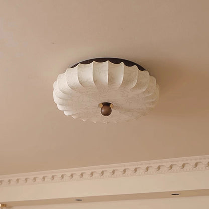 Traditional Vintage Round Patterned Fabric Alloy Ash Wood LED Flush Mount Ceiling Light For Living Room
