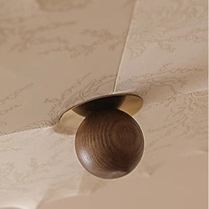 Traditional Vintage Round Patterned Fabric Alloy Ash Wood LED Flush Mount Ceiling Light For Living Room