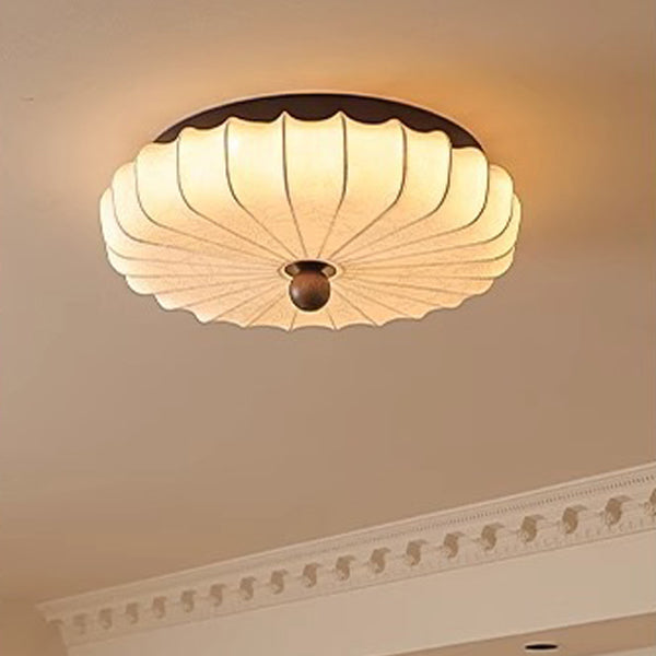 Traditional Vintage Round Patterned Fabric Alloy Ash Wood LED Flush Mount Ceiling Light For Living Room