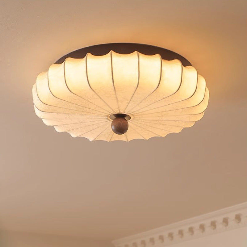 Traditional Vintage Round Patterned Fabric Alloy Ash Wood LED Flush Mount Ceiling Light For Living Room