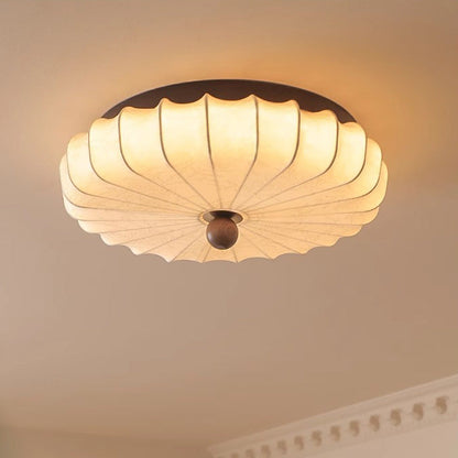 Traditional Vintage Round Patterned Fabric Alloy Ash Wood LED Flush Mount Ceiling Light For Living Room