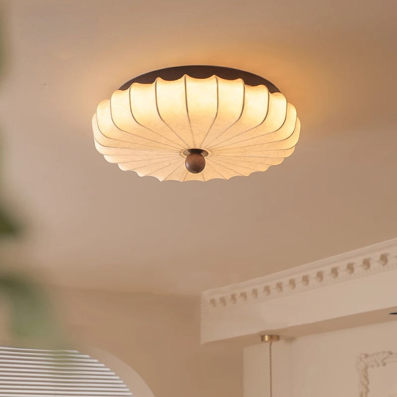 Traditional Vintage Round Patterned Fabric Alloy Ash Wood LED Flush Mount Ceiling Light For Living Room